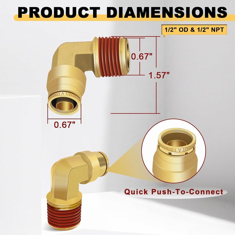 Siptenk 1/2" Elbow DOT Brass Push to Connect Air Line Fittings 5 PCS, 1/2" OD Tube x 1/2" NPT Thread Air Brake Line Quick Connect Fittings for Truck Trailers Industry Air System - Image 5